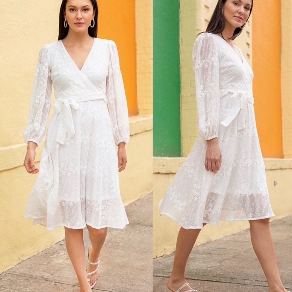 Kensie White Tiered Midi Dress with Bishop Sleeves